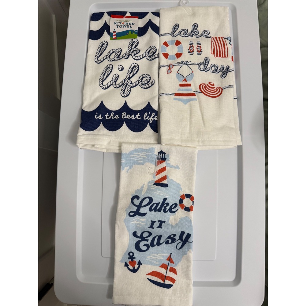 Summer Kitchen Towel Set of 3 Lake Life Lake Day Nautical Red White Blue NWT